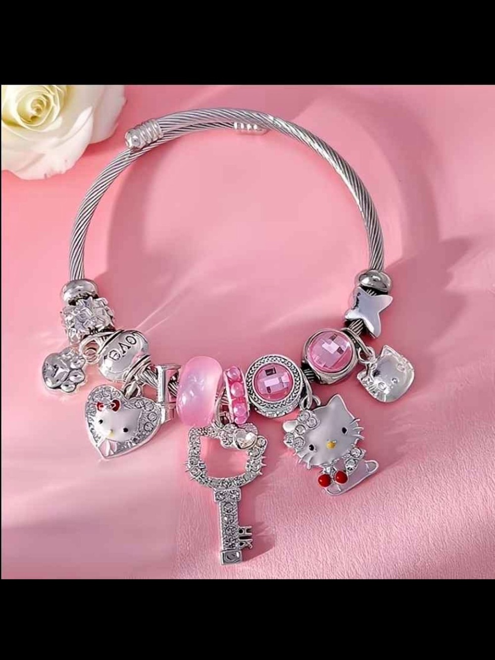 Pink Hello Kitty Charm Bracelet with Key and Crystal Accents